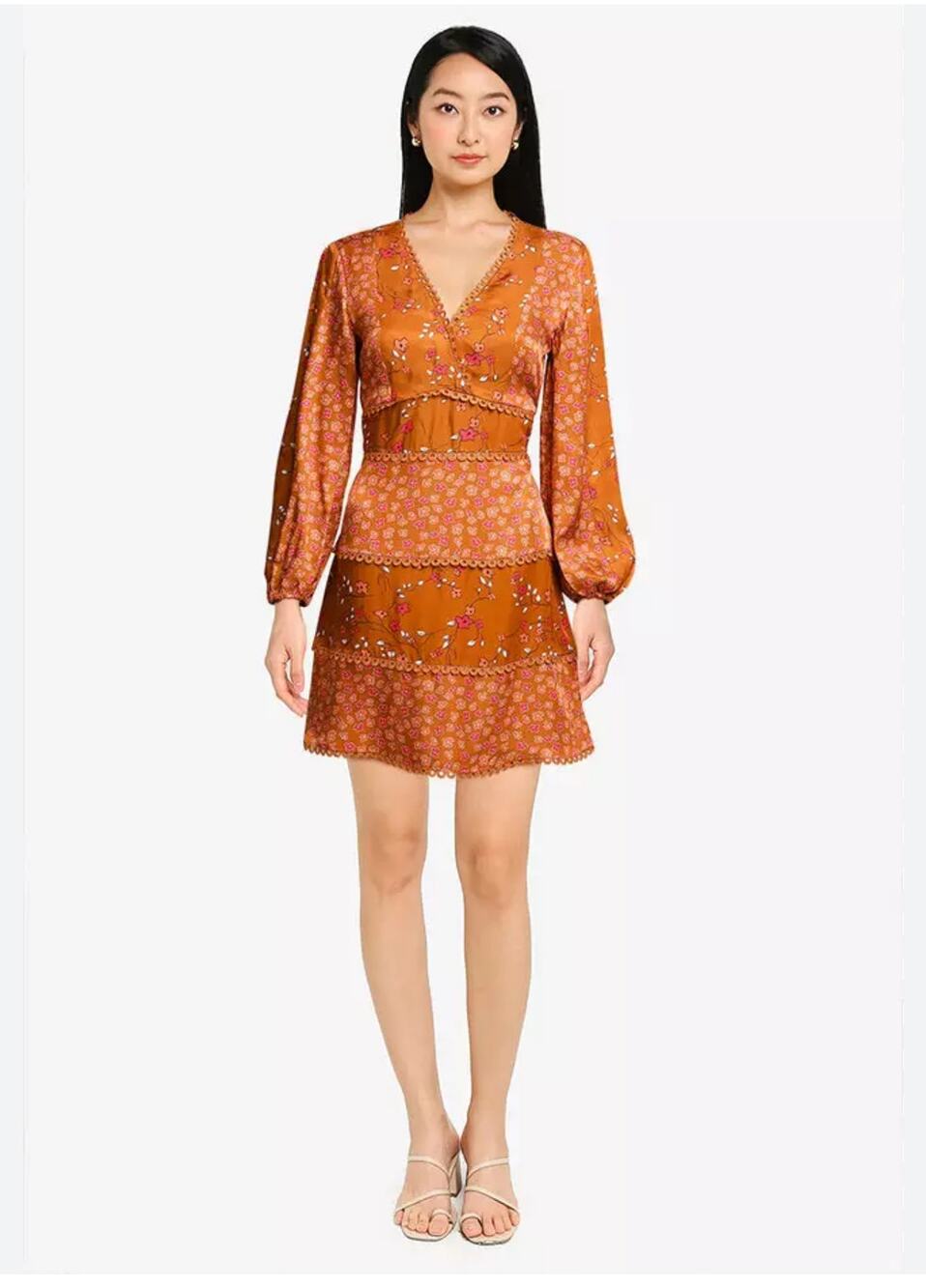 French Connection Womens 2 Bronze Daisy Petals Boho Tiered Lace Mini Dress